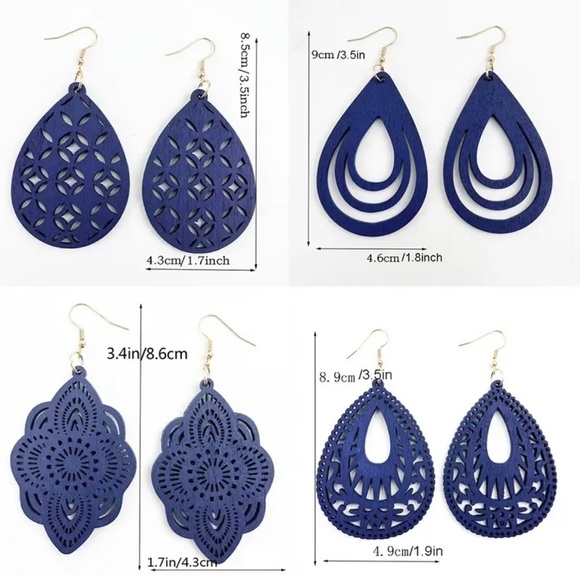 ⭐️ 5 for $25 Natural Wood Navy Blue Painted Lightweight Carved Earrings - Picture 4 of 4
